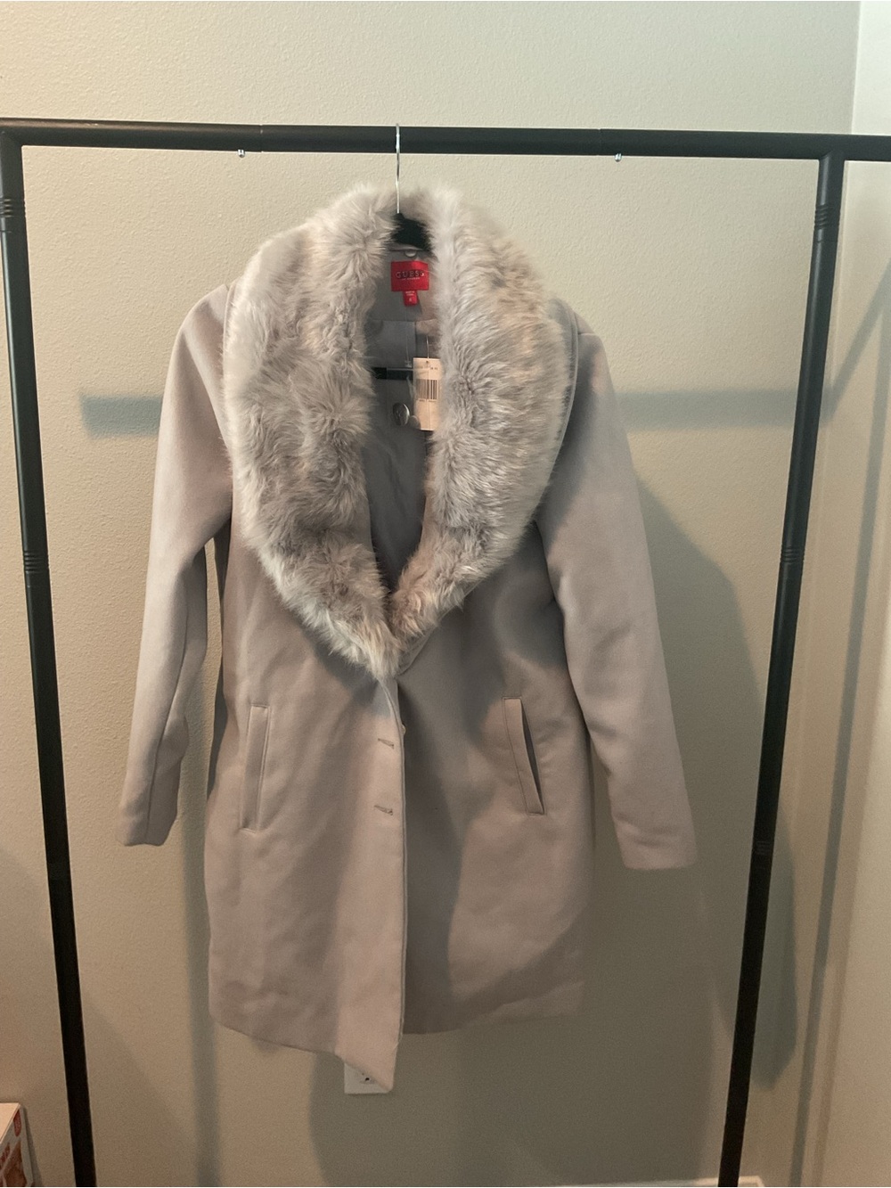 Guess Pale Gray Trench Coat with Detachable Faux Fur Shawl Collar